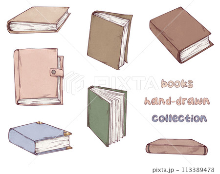 Books hand drawn illustrations set. Sketch art of books with empty pages isolated on white background. Art pencil style drawing. 113389478
