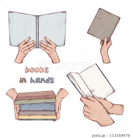 Books in hands hand drawn illustrations set. Sketch art of books with empty pages isolated on white background. Art pencil style drawing. 113389479