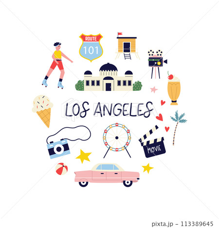 Colorful circle design with symbols, animals landmarks of Los Angeles, USA. Colorful circle design with symbols, animals landmarks of Los Angeles, USA. 113389645