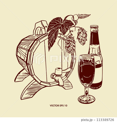Beer, bottle, glass goblet, barrel, hop plant. Vector illustration in graphic style. Design of menus, wine and beer cards, labels, banners, leaflets. 113389726