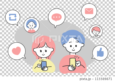 一個男人和一個女人使用 SNS 的圖像插圖 113389871