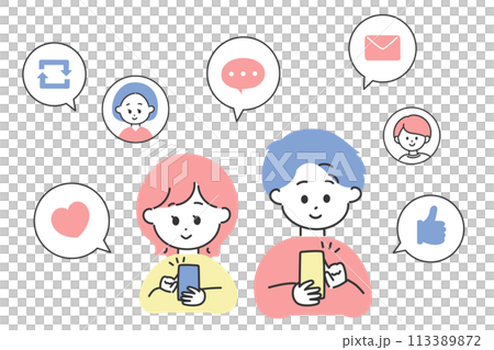 使用 SNS 的男性和女性的圖像插圖 使用 SNS 的男性和女性的圖像插圖 113389872