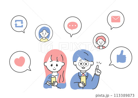 SNSをしているスーツの男女のイメージイラスト　 113389873