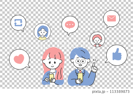 SNSをしているスーツの男女のイメージイラスト　 113389873