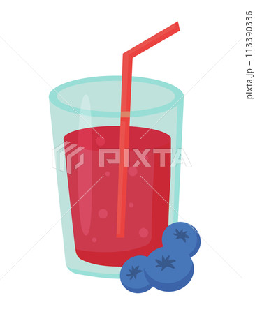 Berry cocktail in glass with straw. Fresh juice. Blueberries summer drink. Vector illustration. 113390336