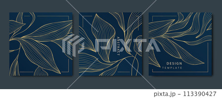 Vector set of gold design floral patterns, leaf modern ornament, vintage elegant flowers, nature royal package. Wave line graphic art cards 113390427