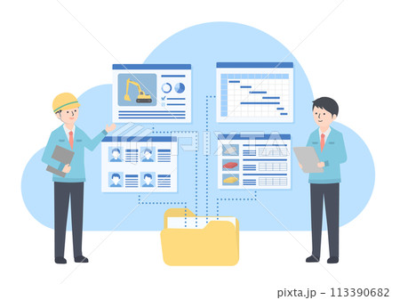 工事の施工管理データをクラウド上で共有している2人の男性 113390682