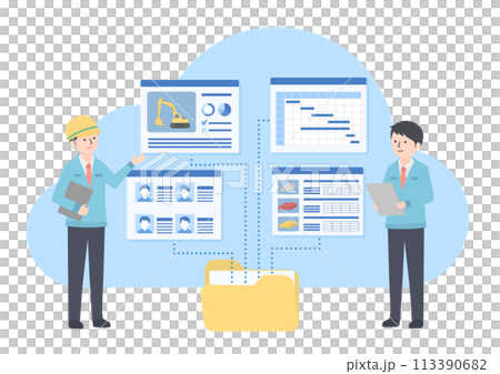 工事の施工管理データをクラウド上で共有している2人の男性 113390682