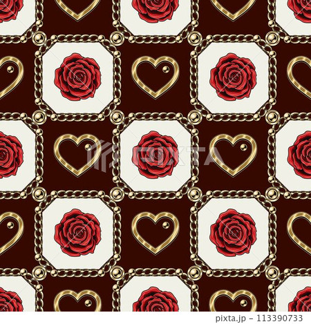 Checkered pattern with jewelry chains, red rosesのイラスト素材 [113390733] - PIXTA
