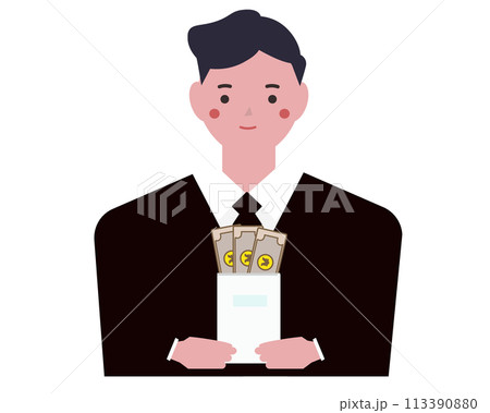 お金の入った封筒を持つスーツを着た男性。ベクターイラスト	 113390880