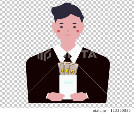 お金の入った封筒を持つスーツを着た男性。ベクターイラスト	 113390880