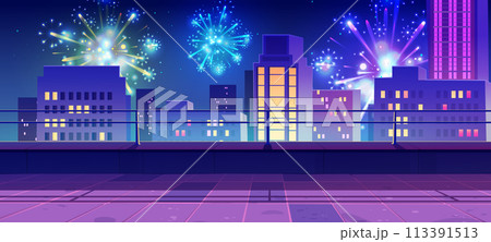 Night city view from rooftop balcony illustration Night city view from rooftop balcony illustration 113391513
