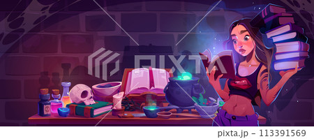 Young witch cooking potion in old dungeon 113391569