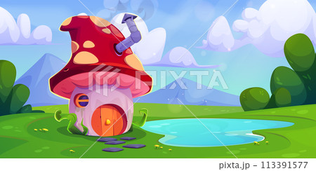 Mushroom house near lake in mountain valley 113391577