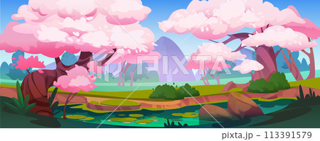 Pink blossom forest with pond spring landscape 113391579
