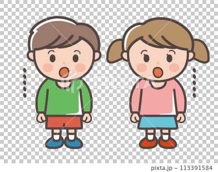 口を開けてぽかーんとする男の子と女の子の全身イラスト（小学生、幼児、子供） 113391584