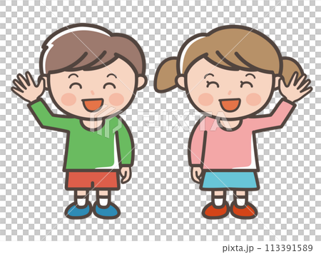 男孩和女孩微笑打招呼的全身插圖（小學生、幼兒、兒童） 113391589