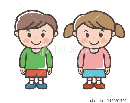 笑顔で正面を向いて立つ男の子と女の子の全身イラスト(小学生、幼児、子供) 笑顔で正面を向いて立つ男の子と女の子の全身イラスト(小学生、幼児、子供) 113391591