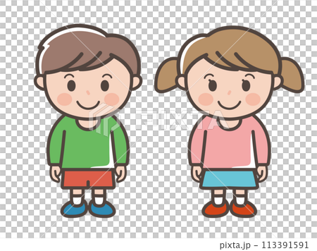 Full-body illustration of a boy and girl standing facing forward with a smile (elementary school students, toddlers, children) 113391591