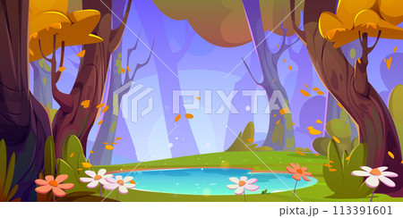 Autumn lake in forest landscape scene illustration Autumn lake in forest landscape scene illustration 113391601