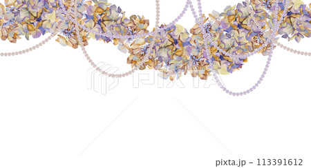 Hand drawn watercolor illustration shabby boho botanical flowers leaves. Hydrangea hortensia purple withered pearl bead strings. Seamless banner isolated white background. Design wedding, love cards Hand drawn watercolor illustration shabby boho botanical flowers leaves. Hydrangea hortensia purple withered pearl bead strings. Seamless banner isolated white background. Design wedding, love cards 113391612
