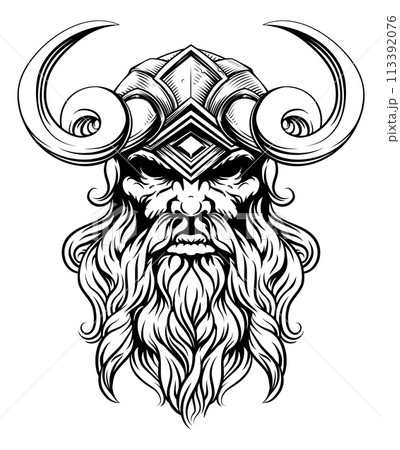 Viking Warrior Man Strong Mascot Face in Helmet 113392076
