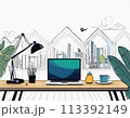 部屋のテーブルの上にある部屋とノートパソコンのイラスト 113392149