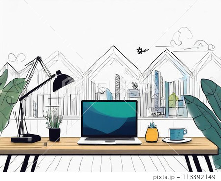 部屋のテーブルの上にある部屋とノートパソコンのイラスト 部屋のテーブルの上にある部屋とノートパソコンのイラスト 113392149