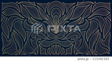 Vector art nouevau, artdeco fancy background, leaves floral ornament, gold on black vintage pattern. Flower drawing, luxury victoran drawing. 113392165