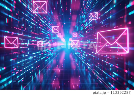 Digital background. Abstract glowing backdrop with mail icon, red blue neon lights. Advanced technology for fast communication through emails. Brightly colored futuristic envelopes. High speed motion 113392287