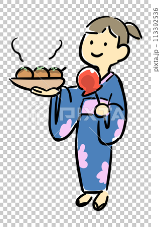 浴衣を着て祭りを楽しむ女性のイラスト 113392536