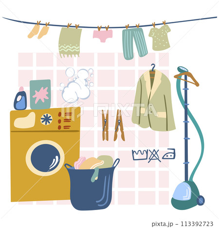Home laundry. Washing machine and clothesline. Washing dirty clothes. Household chemicals. Vector illustration in cartoon style. 113392723