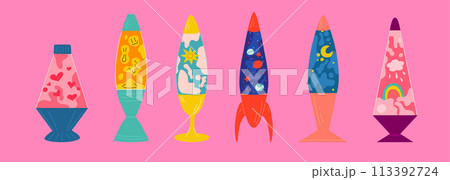A set of lava lamps with liquid inside. The concept of decor in the style of astro and disco of the 70s. 113392724