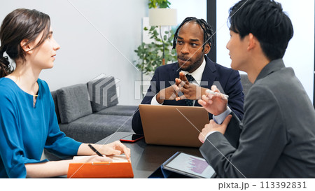 オフィスで会議する多国籍ビジネスパーソンのグループ オフィスで会議する多国籍ビジネスパーソンのグループ 113392831