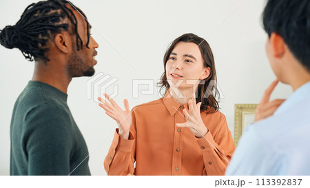 立ち話をする多国籍の人々 立ち話をする多国籍の人々 113392837