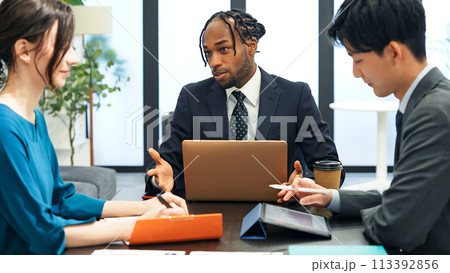 オフィスで会議する多国籍ビジネスパーソンのグループ 113392856