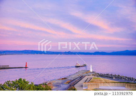 【静岡県】ピンク色に染まった夕焼け空の下、田子の浦港を出港する船舶 113392970