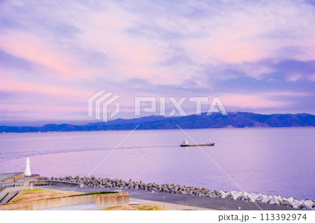 【静岡県】ピンク色に染まった夕焼け空の下、田子の浦港を出港する船舶 113392974