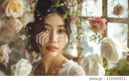 花に囲まれたエレガントな美女　美容素材 113393011