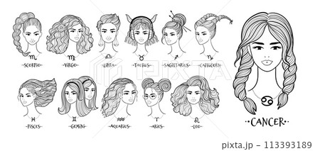 Set of zodiac signs line art girls 113393189
