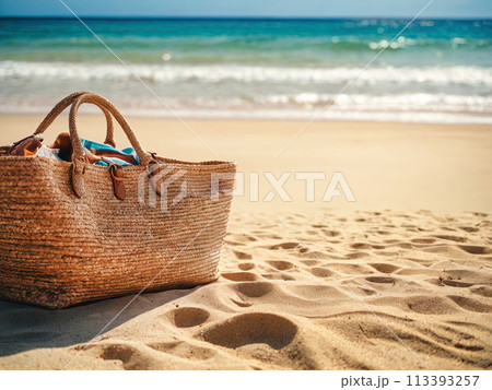 Beach bag in sand in tropical tourist resort by the ocean 113393257