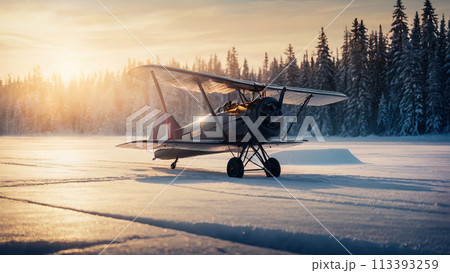 Landed biplane on a runway covered in snow in winter Landed biplane on a runway covered in snow in winter 113393259