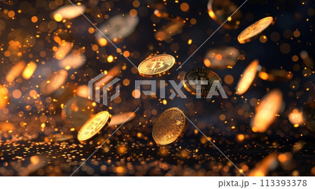 Golden Bitcoin Shower blurred background Golden Bitcoin Shower blurred background 113393378