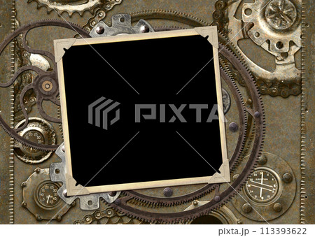 Grunge retro background in steampunk style with photo frame, vintage metal details, pipelines, gear. Mock up template. Copy space for text. Can be used for steampunk, industrial, mechanical design 113393622