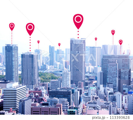 Network connection concept. Aerial view on Tokyo capital city of Japan with red location pin. Global positioning system pin map. Map pins in Tokyo. Modern travel, sightseeing and tourism concept 113393628