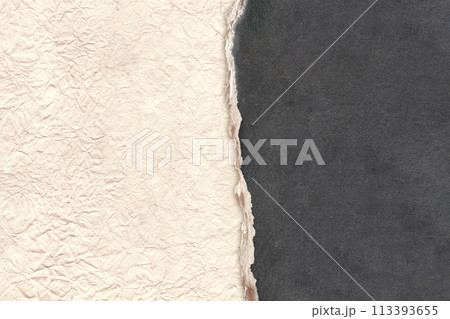 Horizontal background with torn paper edge. Cardboard texture of black color and crumpled paper of light brown color. Copy space for text Horizontal background with torn paper edge. Cardboard texture of black color and crumpled paper of light brown color. Copy space for text 113393655