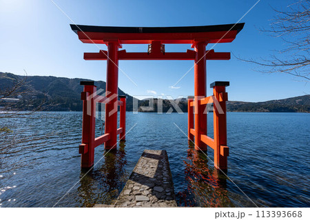 箱根神社の鳥居と芦ノ湖 113393668