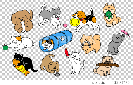 狗狗和貓玩玩具的插圖集 113393770