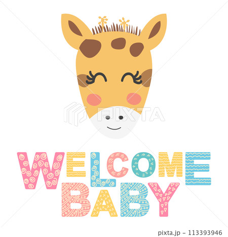 Cute face of an animal with lettering. Childish print for nursery in a Scandinavian style. baby posters, cards, clothes 113393946