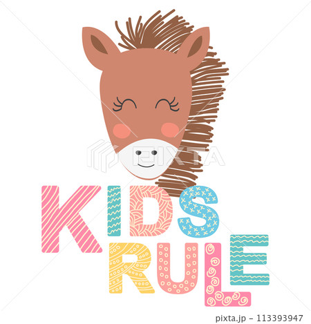 Cute face of an animal with lettering. Childish print for nursery in a Scandinavian style. baby posters, cards, clothes 113393947